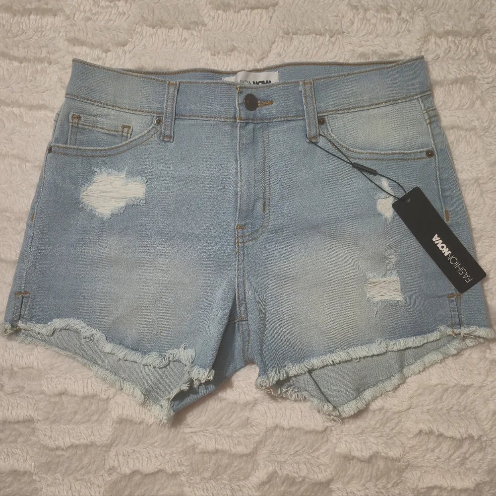 Fashion Nova Light Blue‎ Distressed Denim Cutoff Shorts